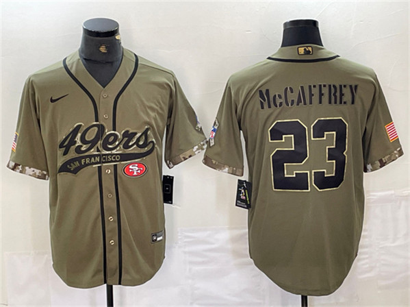 Men's San Francisco 49ers #23 Christian McCaffrey Olive Salute to Service With Patch Cool Base Stitched Baseball Jersey - Click Image to Close